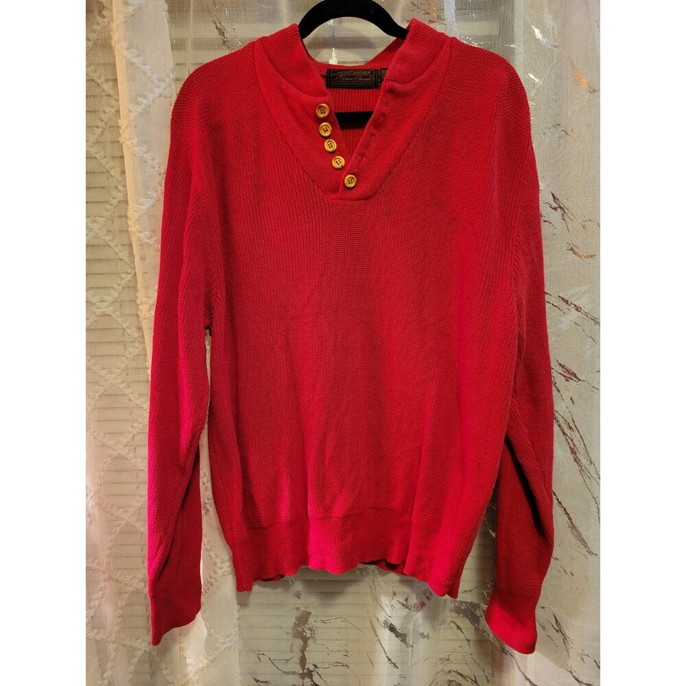 Vtg Eddie Bauer Grandpa Sweater L Red Henley Fishermen Outdoor Cozy Chunky Men
